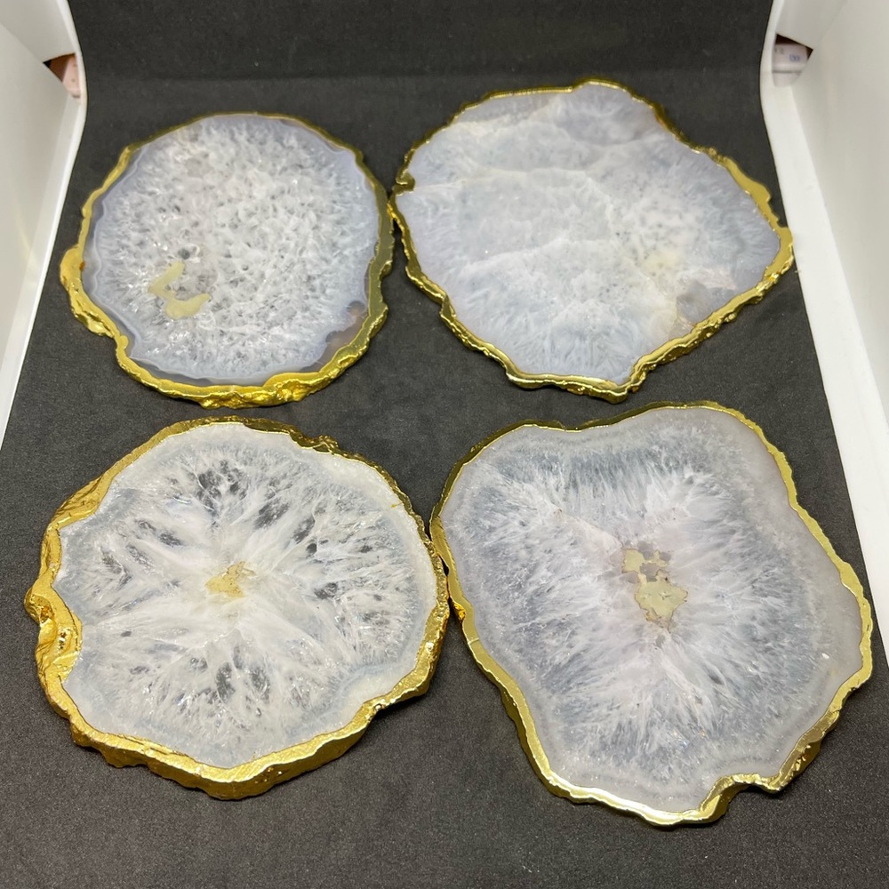 White Salt Quartz Set of 4 Coasters trimmed in 24k Gold Like Anna New York